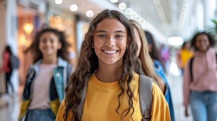 Fototapeta premium Happy Multiracial Teenage Girl Smiling in a Busy Shopping Mall. Generative ai