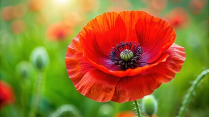 Vibrant red poppy flower in full bloom, blooming, vibrant, red, delicate, petals, nature, garden, floral, beauty, plant