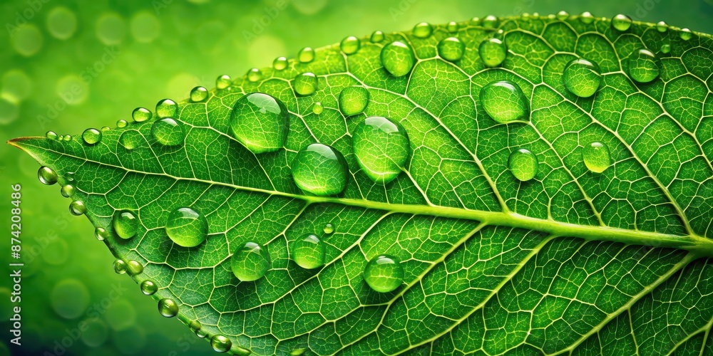 Sticker Water droplets glisten on a vibrant green leaf, showcasing exquisite details, water, droplets, glisten, vibrant, green, leaf