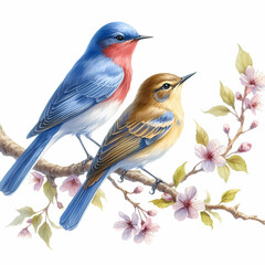 a male and female bird couple on white background