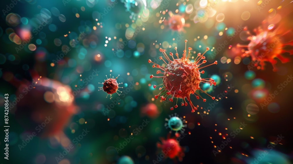 Aufkleber a microscopic image of a virus with spiky proteins. it is surrounded by other smaller viruses and pa