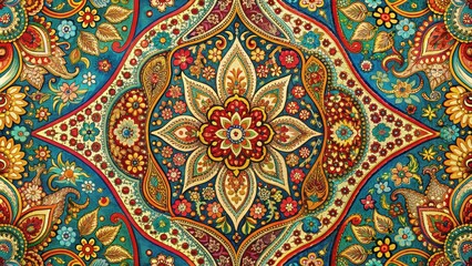 Traditional Persian paisley pattern painting with vibrant colors and intricate details , Persian, paisley, pattern