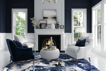 modern living room with fireplace, navy blue and white, mock up, AI generated 