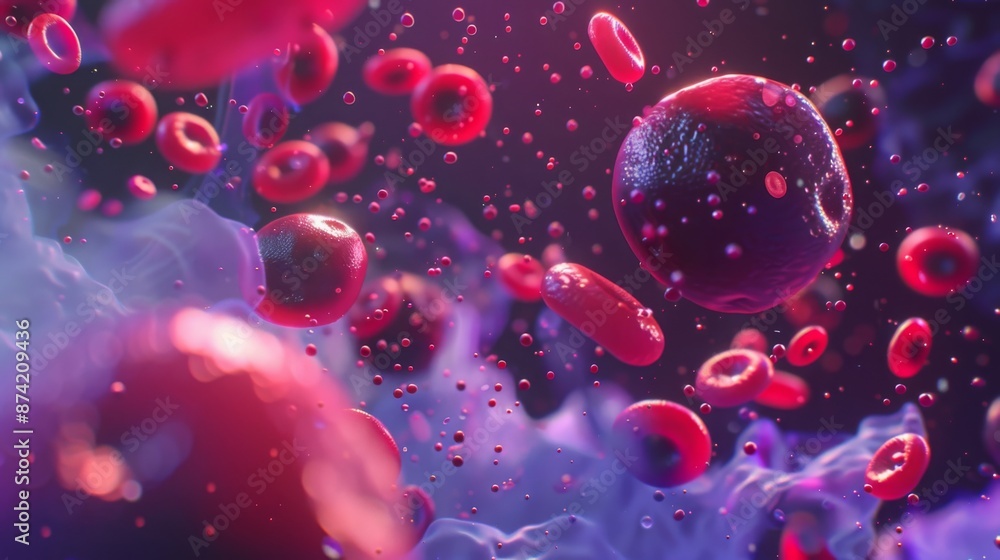 Aufkleber Red blood cells float in a swirling purple fluid, with some cells appearing to be in focus while others are out of focus and blurred.