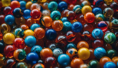 Colorful glass marbles spread on surface in close-up.