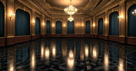 Obraz premium royal ballroom palace castle room interior. open mansion hall with pattern on smooth stone flooring. adorned in luxurious noble black and gold palette with intricate detail and warm lighting.