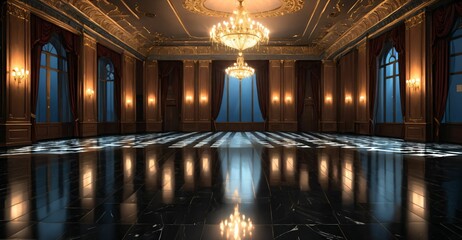 Fototapeta premium royal ballroom palace castle room interior. open mansion hall with pattern on smooth stone flooring. adorned in luxurious noble black and gold palette with intricate detail and warm lighting.
