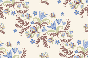 Trailing Floral pattern wallpaper vector vintage embroidery Ikat texture boho design vector illustration hand drawn blue flower motif branches leaves wallpaper seamless background border.