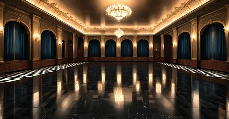 Obraz premium royal ballroom palace castle room interior. open mansion hall with pattern on smooth stone flooring. adorned in luxurious noble black and gold palette with intricate detail and warm lighting.