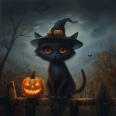 Fototapeta premium Cute black cat in a witch hat with a pumpkin on a fence