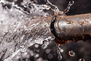A high-pressure jet of water coming out of a burst pipe. Emergency plumbing problems.
