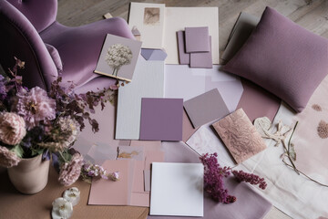 Designer monochrome mood board with materials and color swatches in pastel purple color
