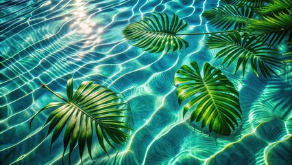 Tropical leaf shadows dancing on water, creating a peaceful and mesmerizing scene, Tropical, leaf, shadows, dancing, water
