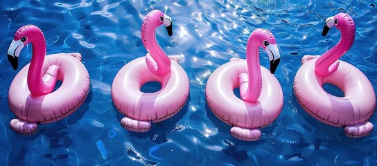 Many pink flamingo-shaped buoys float on the surface of the calm water