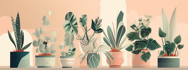 Illustration of various potted plants with flowers in pastel colors, background banner