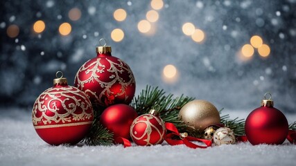 Christmas toys on snow. Christmas concept, wallpaper