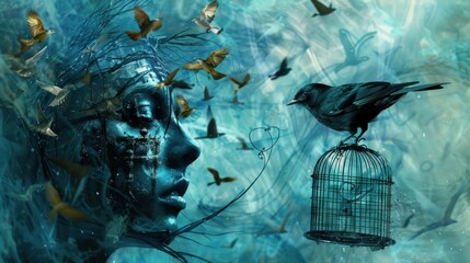 Surreal art of a bird cage on a human face. Illustration