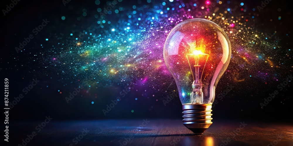 Sticker Vibrant and colorful light bulb with sparkles on a dark background, innovation, idea, creativity, inspiration