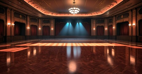 Obraz premium ballroom in palace mansion. elegant formal room interior design decor. smooth reflective stone floors with warm colors and lighting. spot light and intricate ceiling.