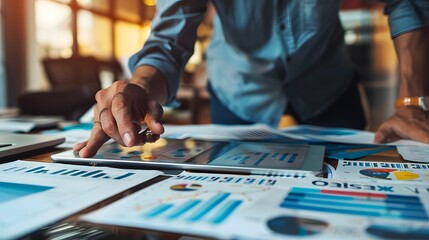 A financial planner calculating break-even points with interactive charts and diagrams on a large tablet, amidst a backdrop of financial documents and office tools