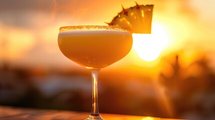 Tropical cocktail glass with pineapple garnish at sunset