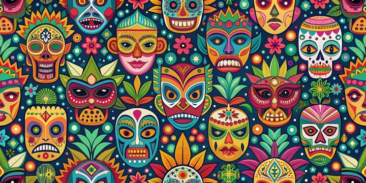 Vibrant and colorful pattern with traditional Mexican folk art elements like tiki masks, Mexican, folk art, vibrant