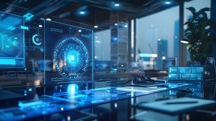 A futuristic workspace where a holographic planner organizes tasks with AI assistance