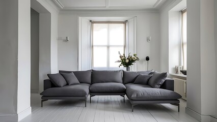 Fototapeta premium Grey sofa in white living room interior