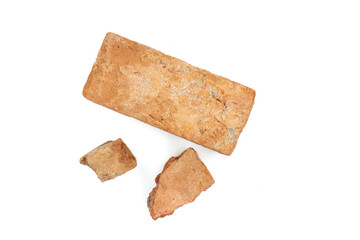 Solid clay bricks used for construction,Old red brick isolated on white background. Shattered bricks isolated.