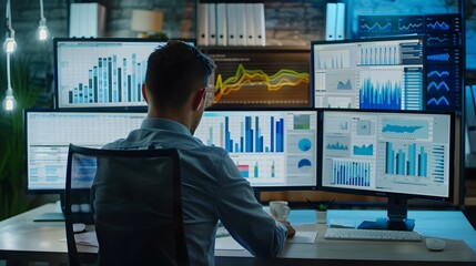 A data analyst performing trend analysis on a touch-screen desk, with futuristic graphs and trend lines illustrating market trends and projections in a tech-savvy workspace 