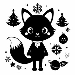 Christmas Cute Kid fox black vector silhouette