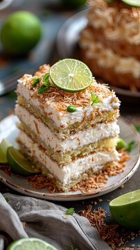 Slice of Coconut Lime Layer Cake on Plate