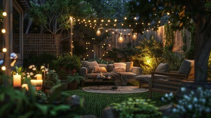 Obraz premium Summer Evening Retreat: A Cozy Backyard Patio Illuminated by String Lights and Lush Greenery