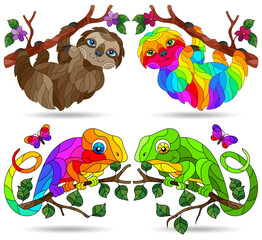 A set of illustrations in the style of stained glass with cute sloth and chameleon on tree branches, dark contours on a white background