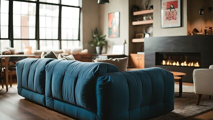 Living room wih many large windows and blue sofa.
