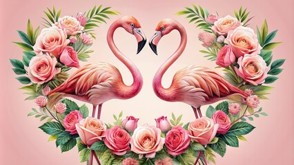Obraz premium Two flamingos forming a heart shape surrounded by roses, love, romance, animals, nature, wildlife, tropical, birds, exotic