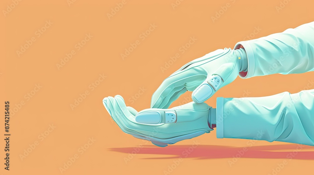 Poster futuristic robotic hands in teal gloves making a precise gesture against an orange background, symbo