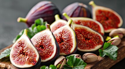 Close-up of fresh, sliced figs displayed on a wooden board, with vibrant interiors and seeds visible, surrounded by whole figs and leaves
