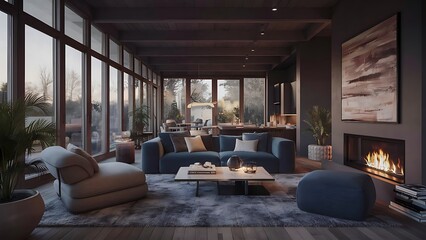 Fototapeta premium Living room wih many large windows and blue sofa.