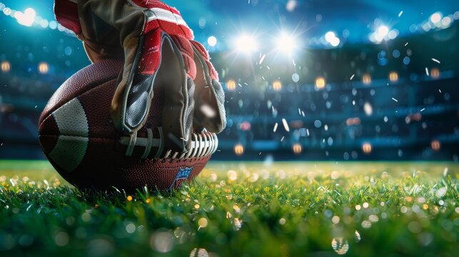 Close-up Shot of an American Ball Standing on a Stadium Field Held, Professional player is holding the ball on grass.