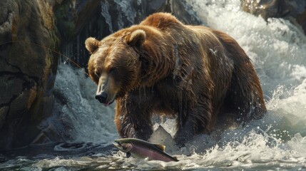 Grizzly Bear Catching Salmon in a River.