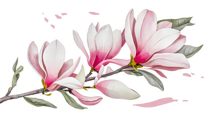 Naklejka premium Serene Minimalist Watercolor Illustration of Magnolia Blossoms on a White Background, Soft Pastel Tones