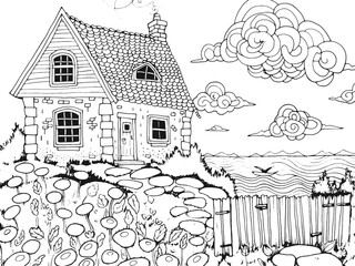 Obraz premium Coloring book, children, house in the forest, yard, lawn and flowers. Vector, generative ai.