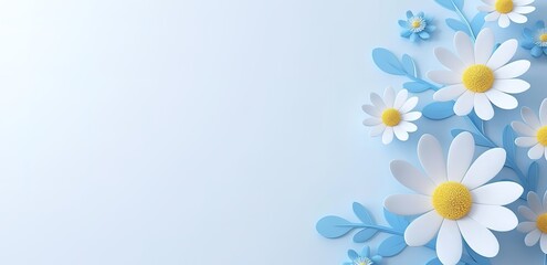 A white daisy flower with blue leaves is attached to a light blue background