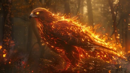 Majestic Fiery Phoenix in Enchanted Forest with Glowing Feathers and Mystical Atmosphere