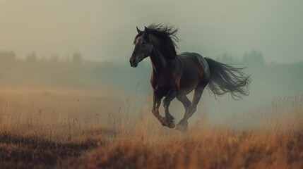 Horse Running Through a Field of Tall Grass.