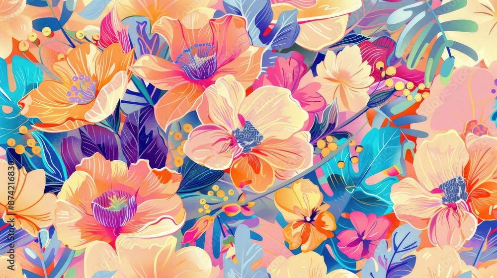 Poster floral pattern with bright blooms in soft colors for design or wallpaper