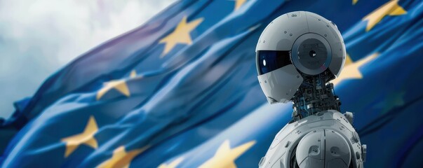 Futuristic robot with European Union flag background, symbolizing advanced technology and international cooperation. Free copy space for text.