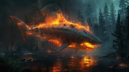 Fiery Shark in Mystical Forest at Night - Surreal Fantasy Art with Glowing Flames and Dark Atmosphere