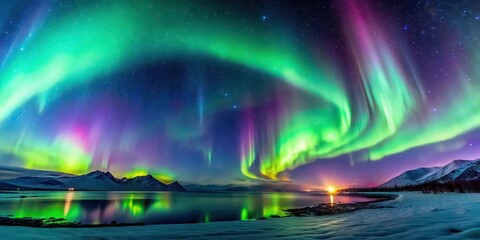Vibrant display of the Aurora Borealis lighting up the night sky, Northern Lights, vibrant, colorful
